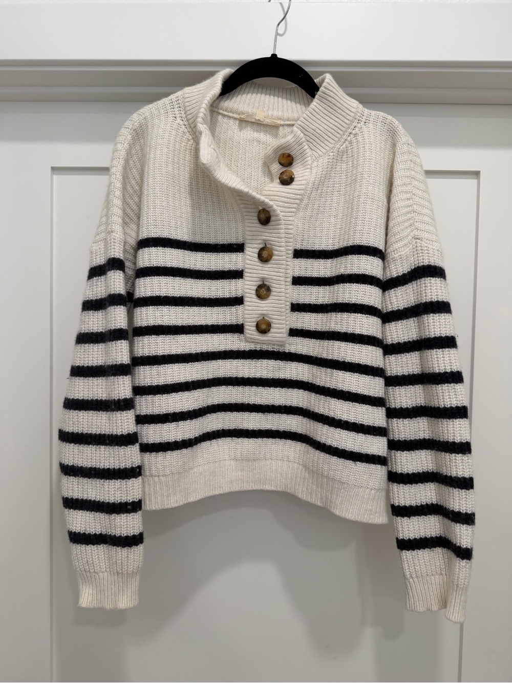 Sezane Cream and Black Striped Button-Neck Turtleneck Sweater